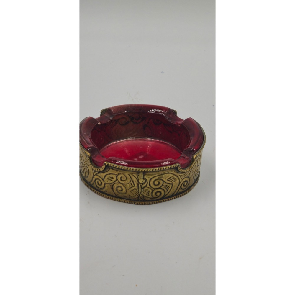 Vtg Mid Century Bohemian Ruby Red Glass Ashtray Gold Ornate Filigree Rim - Picture 2 of 8